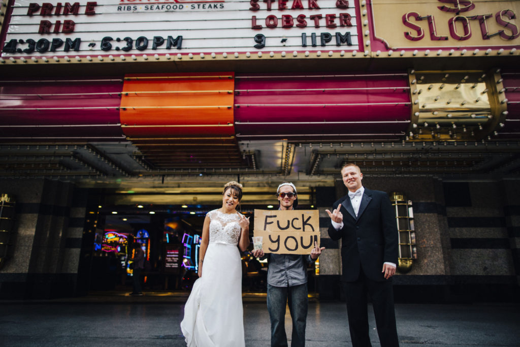 Wedding photo on Fremont Street in Las Vegas, NV