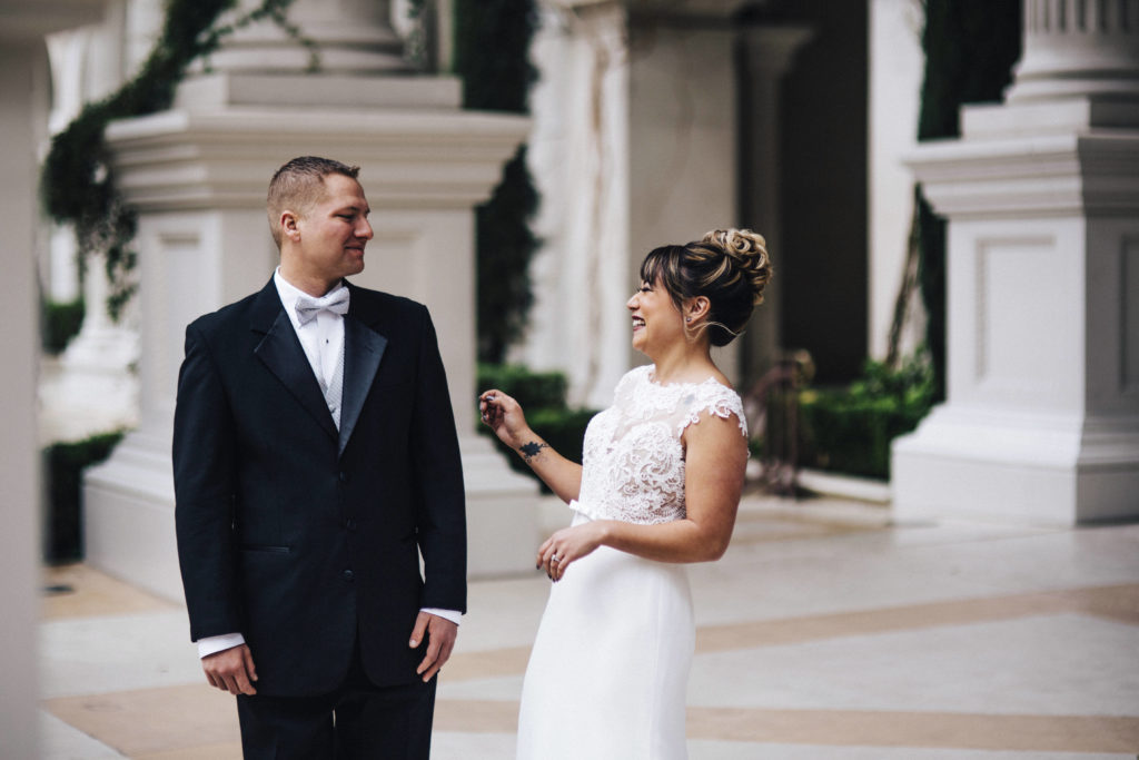 A bride and groom's first look at Caesars Palace in Las Vegas, NV