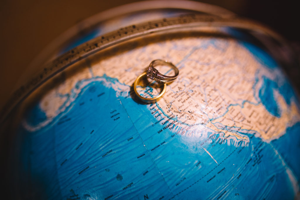 Wedding ring detail photo on a globe