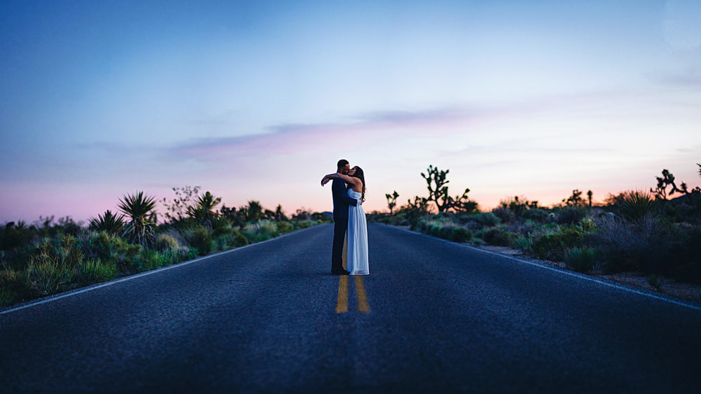 Bride and groom in the road at Joshua Tree National Park