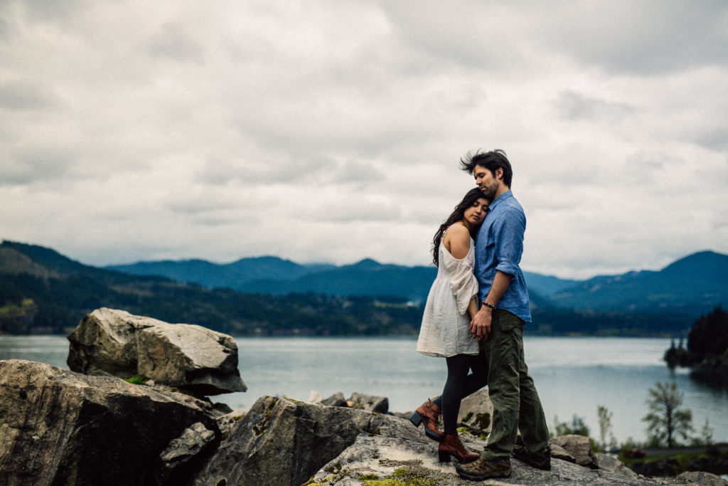 Mountaintop engagement photo in the Columbia River Gorge