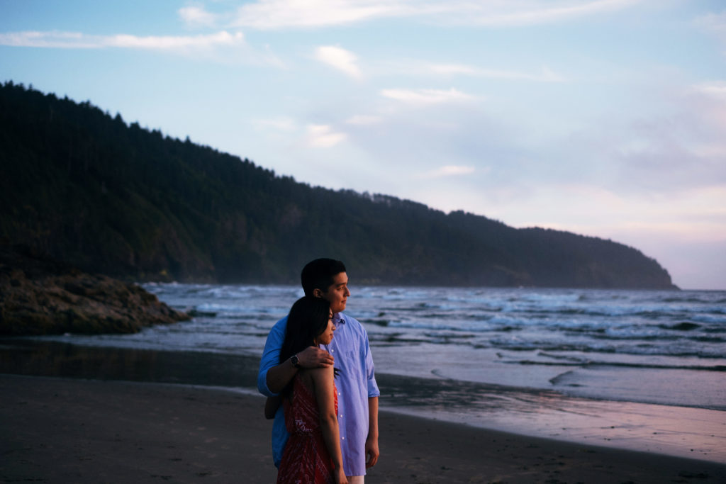 Sunset engagement photo on the beach at Cape Lookout State Park