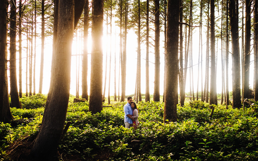 Engagement photo in the woods on the Oregon Coast at Cape Lookout State Park in Tillamook, OR