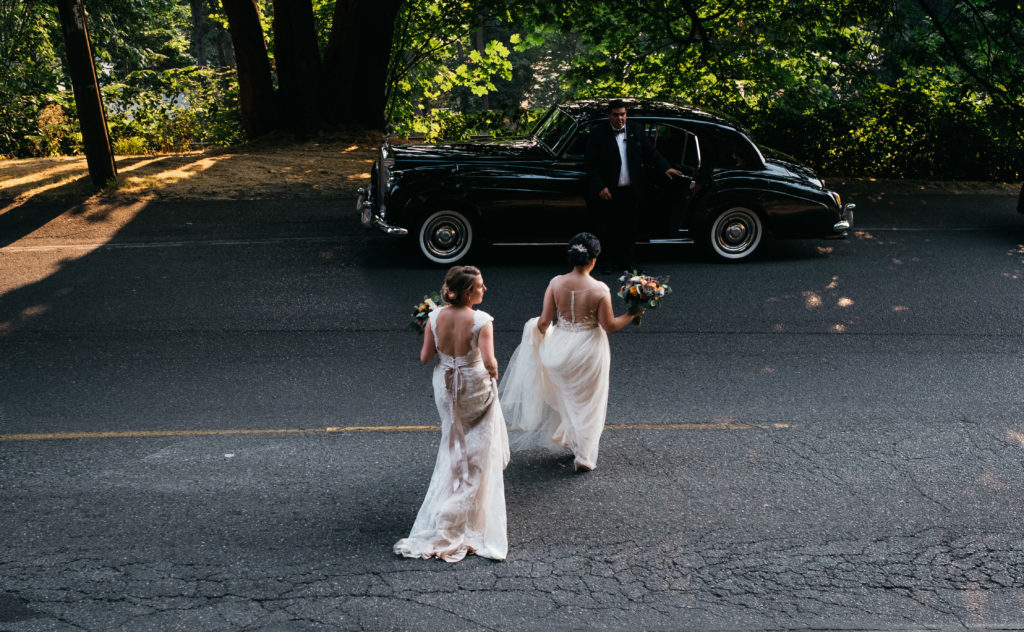 Wedding photo with a Rolls Royce at Golden Gardens Park in Seattle, Washington 