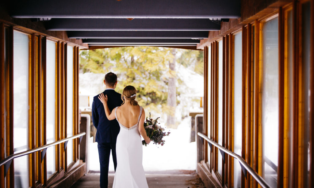 A bride and grooms first look at their Nita Lake Lodge wedding