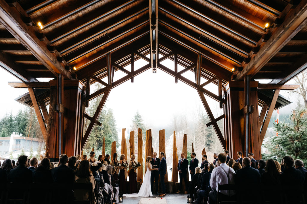 A winter wedding ceremony at Nita Lake Lodge in Whistler, Canada
