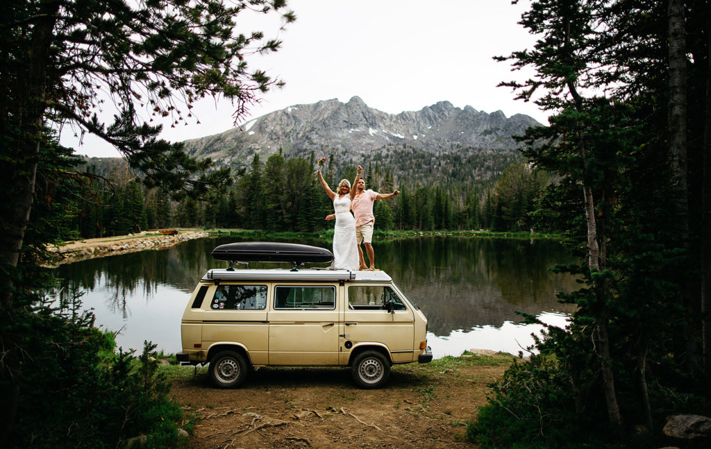 Wedding photo with a VW Vanagon Westfalia at Branham Lakes Campground in Montana