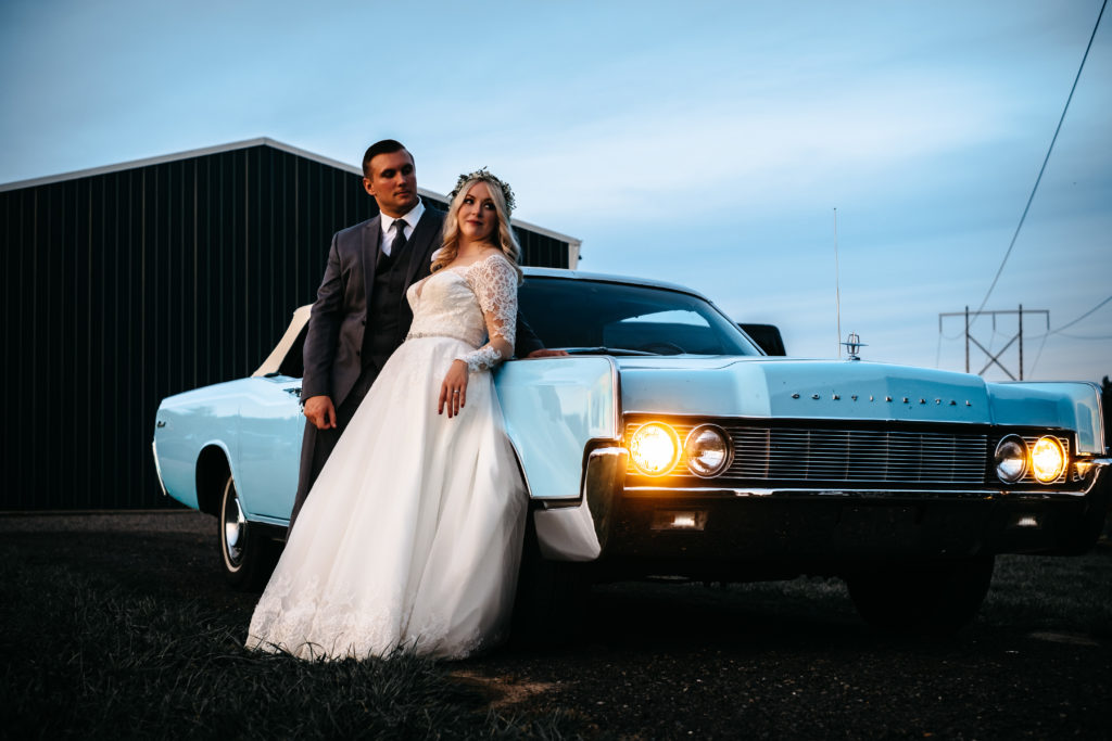Wedding photo with a vintage car in Canby, Oregon