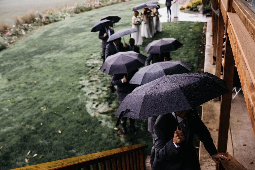 Rainy day wedding photo at Scholls Valley Lodge