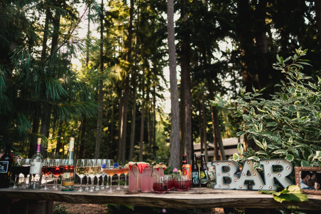 A photo of an outdoor bar for cocktail hour at a Whidbey Island wedding