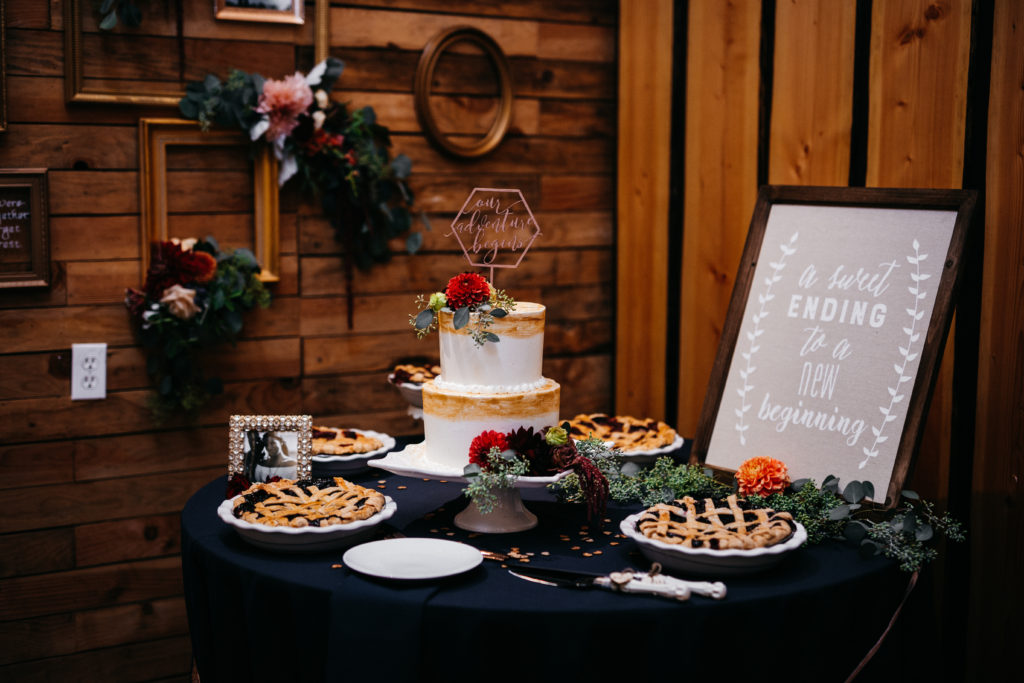 A photo of the wedding cake table at Fireseed Catering