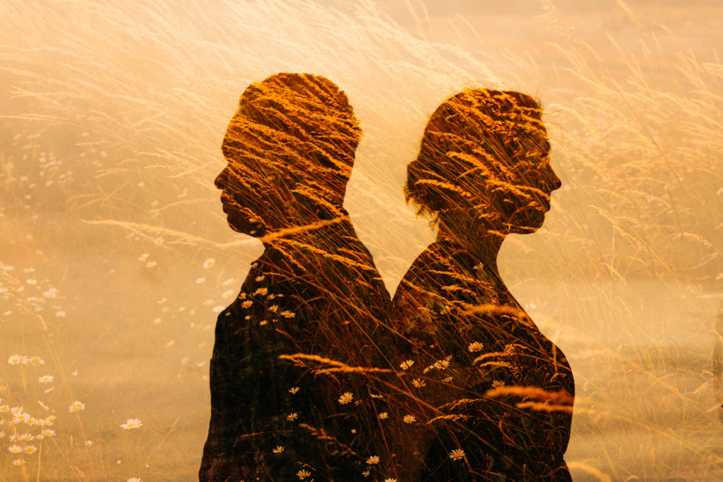 Double exposure engagement photo at Powell Butte Nature Park in Portland, OR