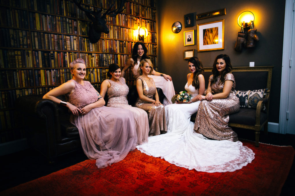 Bridesmaids wedding photo at the Sentinel Hotel in Portland, Oregon