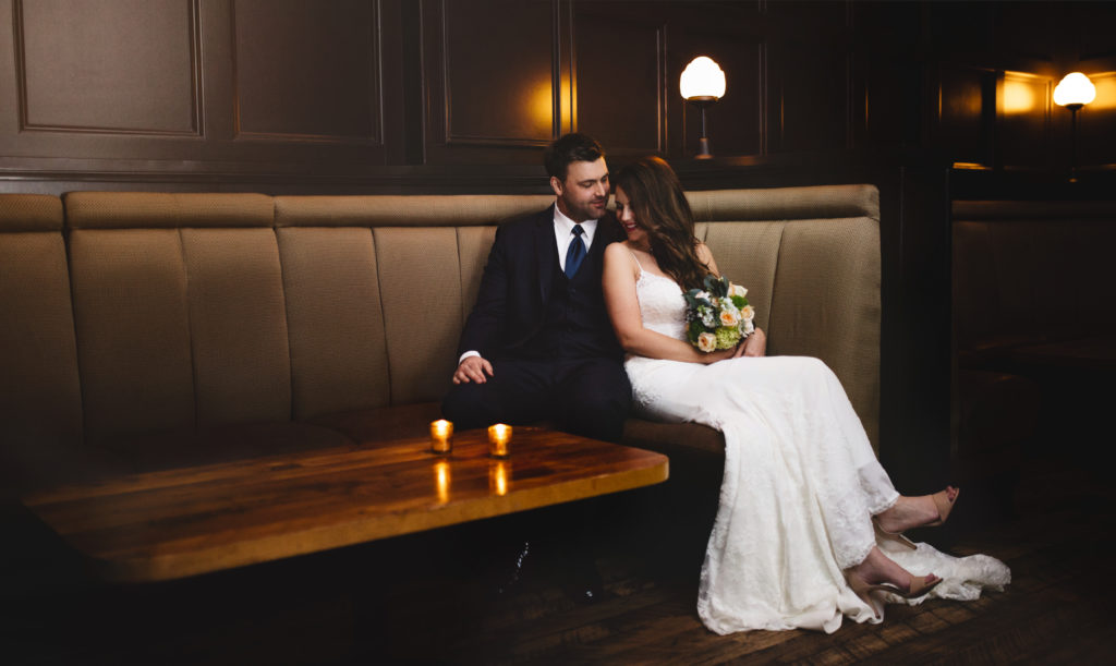 Wedding photo in the bar at the Sentinel Hotel in Portland, Oregon