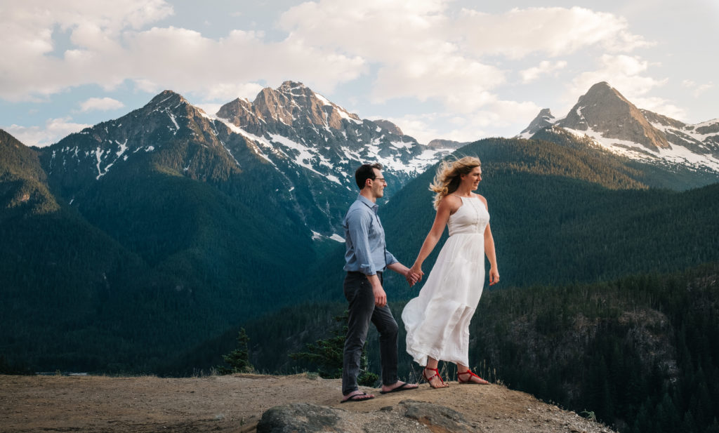Engagement photo with the cascade mountains in the background at North Cascades National Park
