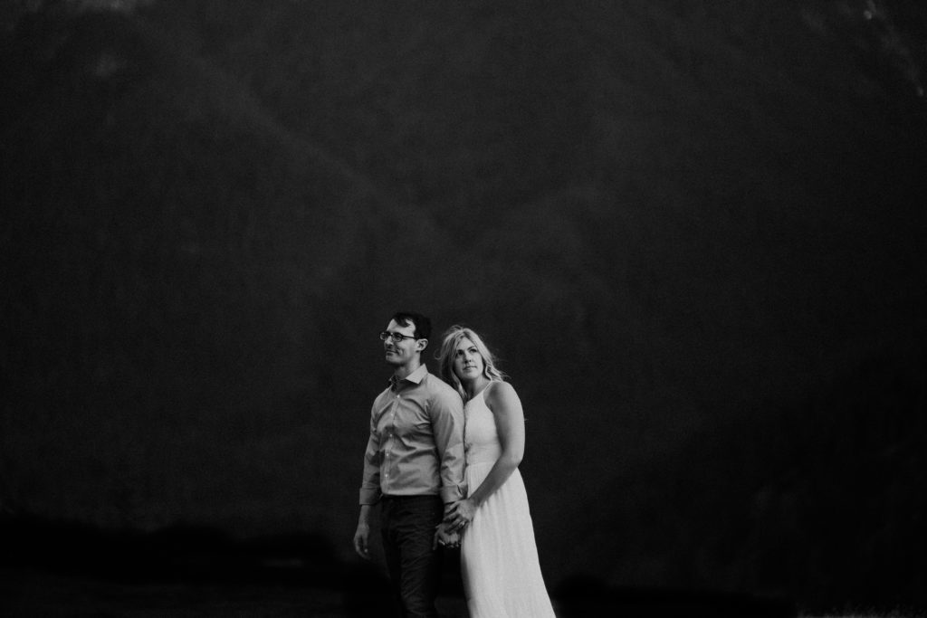 Moody black and white engagement photo at North Cascades National Park