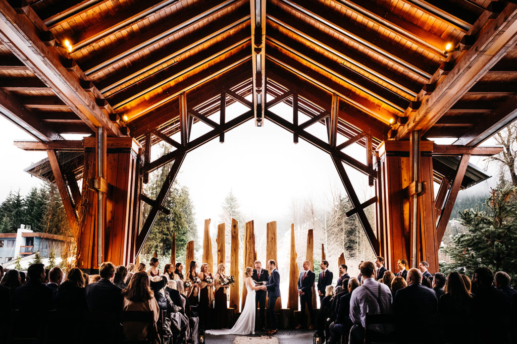 An outdoor winter wedding ceremony at Nita Lake Lodge in Whistler, BC, Canada