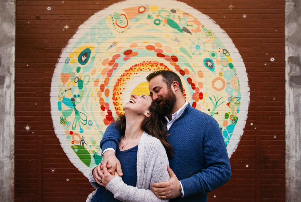 An engagement photo in downtown Portland