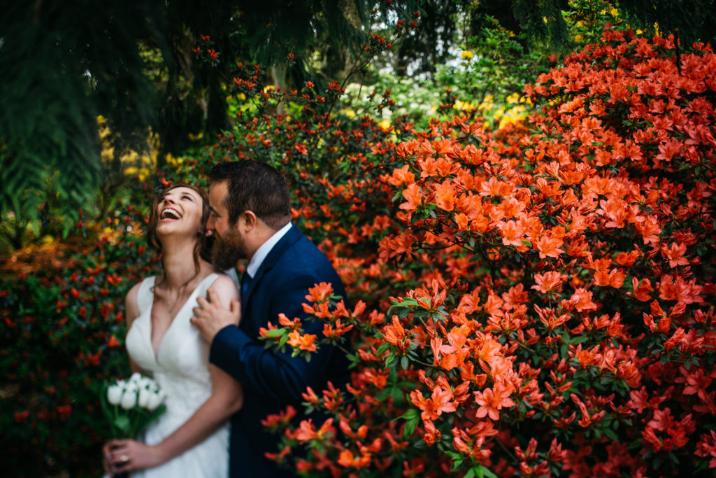 Floral wedding photo of a bride and groom in Seattle, Washington