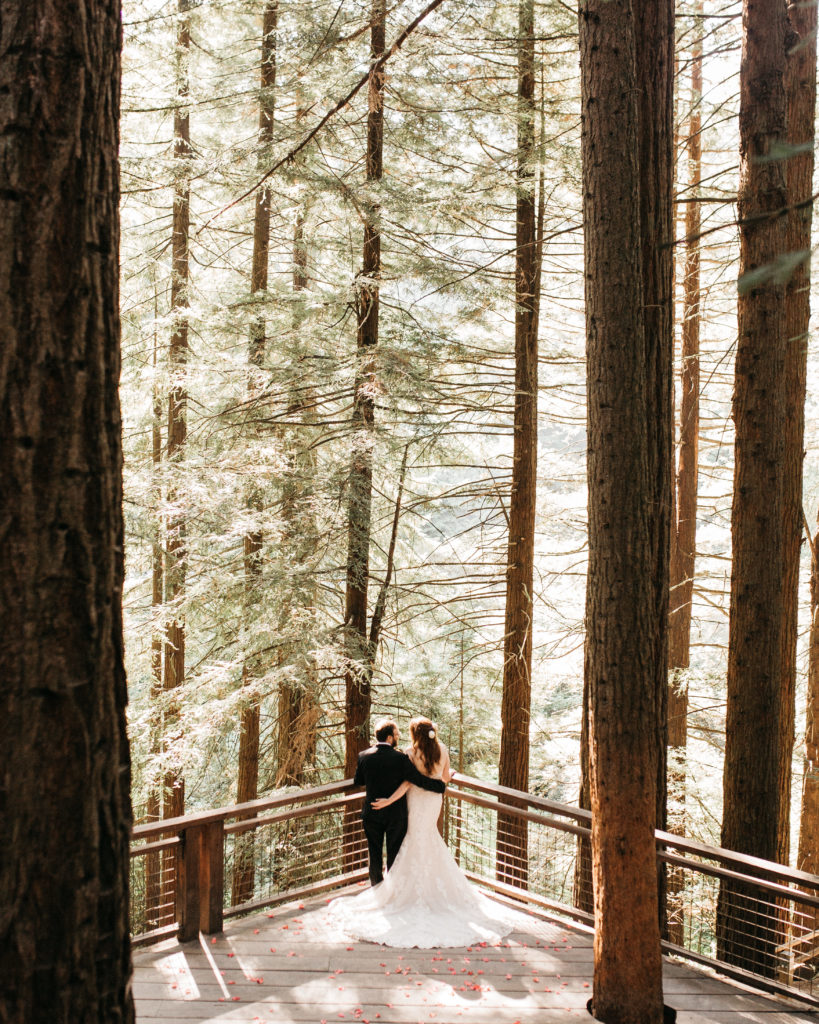Wedding photo on the Redwood observation deck in Portland, Oregon