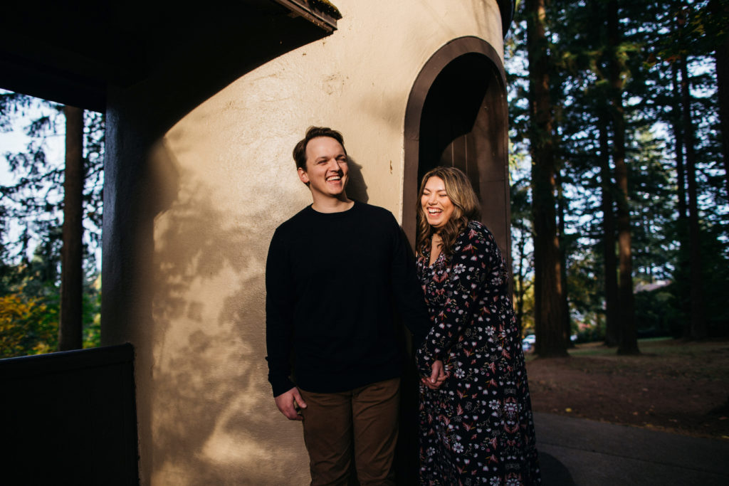 Engagement photo at the base of Mount Tabor in Portland, Oregon
