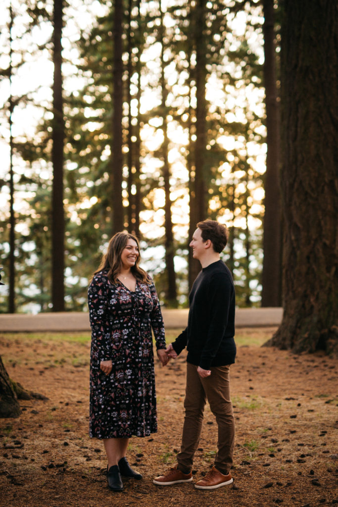 Engagement photo in the woods at Mount Tabor park in Portland, Oregon