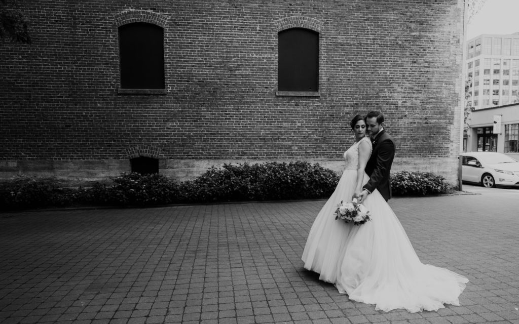 Black and white photo of a bride and groom on their wedding day
