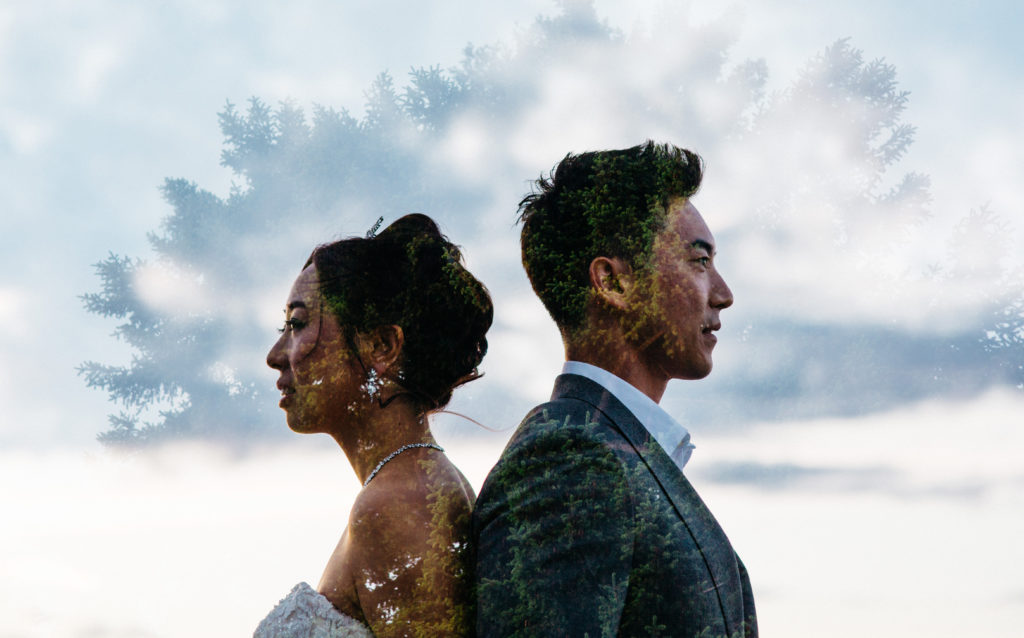 Double exposure wedding photo of a bride and groom at Thornewood Castle
