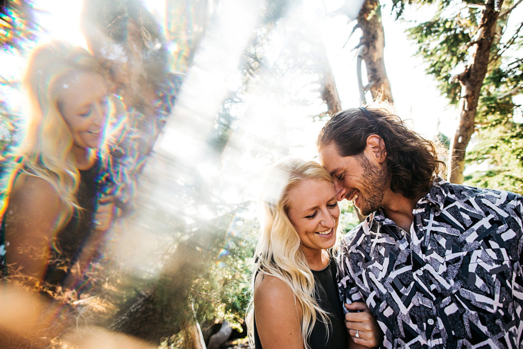 Engagement photo in Bend, Oregon using a prism to create a mirror effect