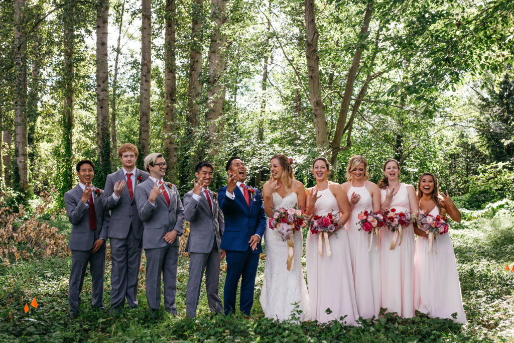 A wedding party in the woods at the UW Center for Urban Horticulture in Seattle, WA