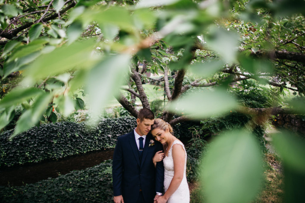 Portrait of a bride and groom in the garden at the Columbia River Gorge