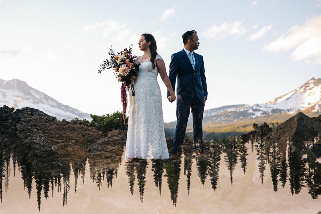 Double exposure elopement photo in the Cascade Mountains