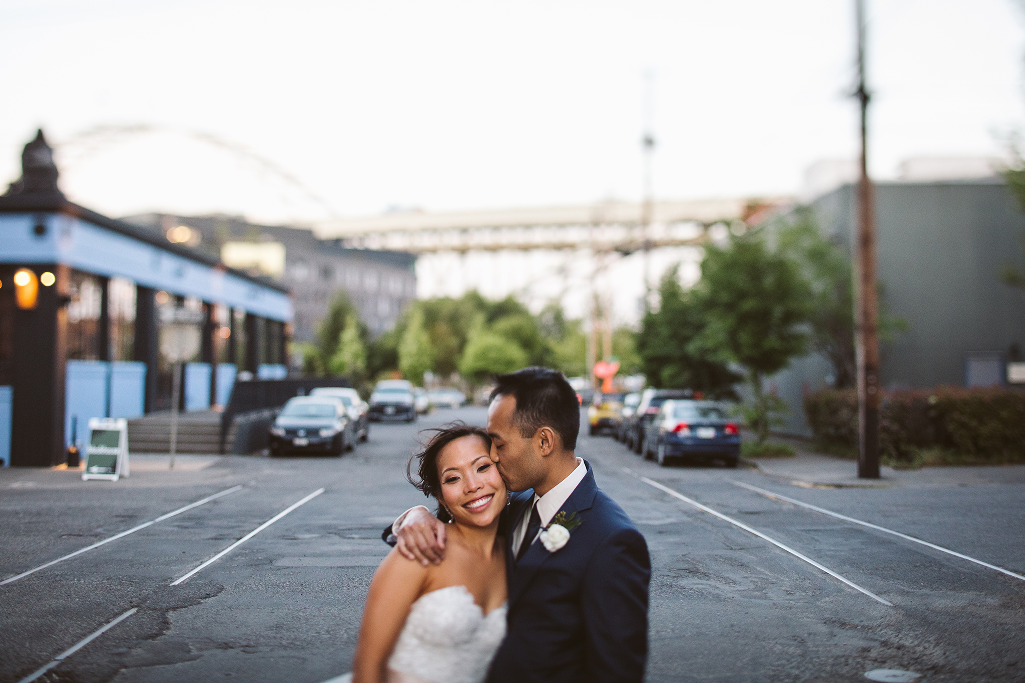 Photo of a bride and groom at their urban wedding in Portland, Oregon