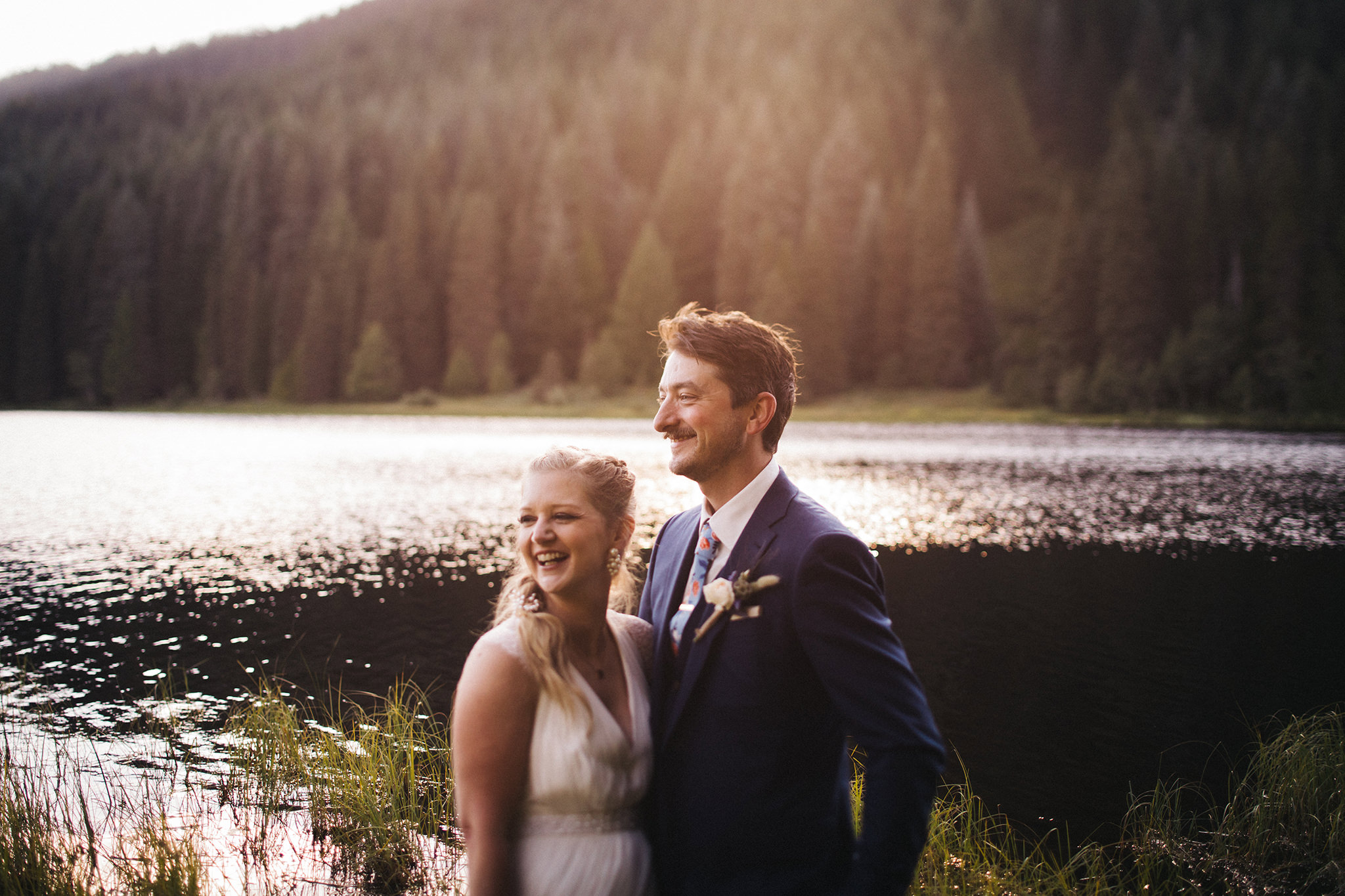 Bride and groom at Trillium Lake on their wedding day