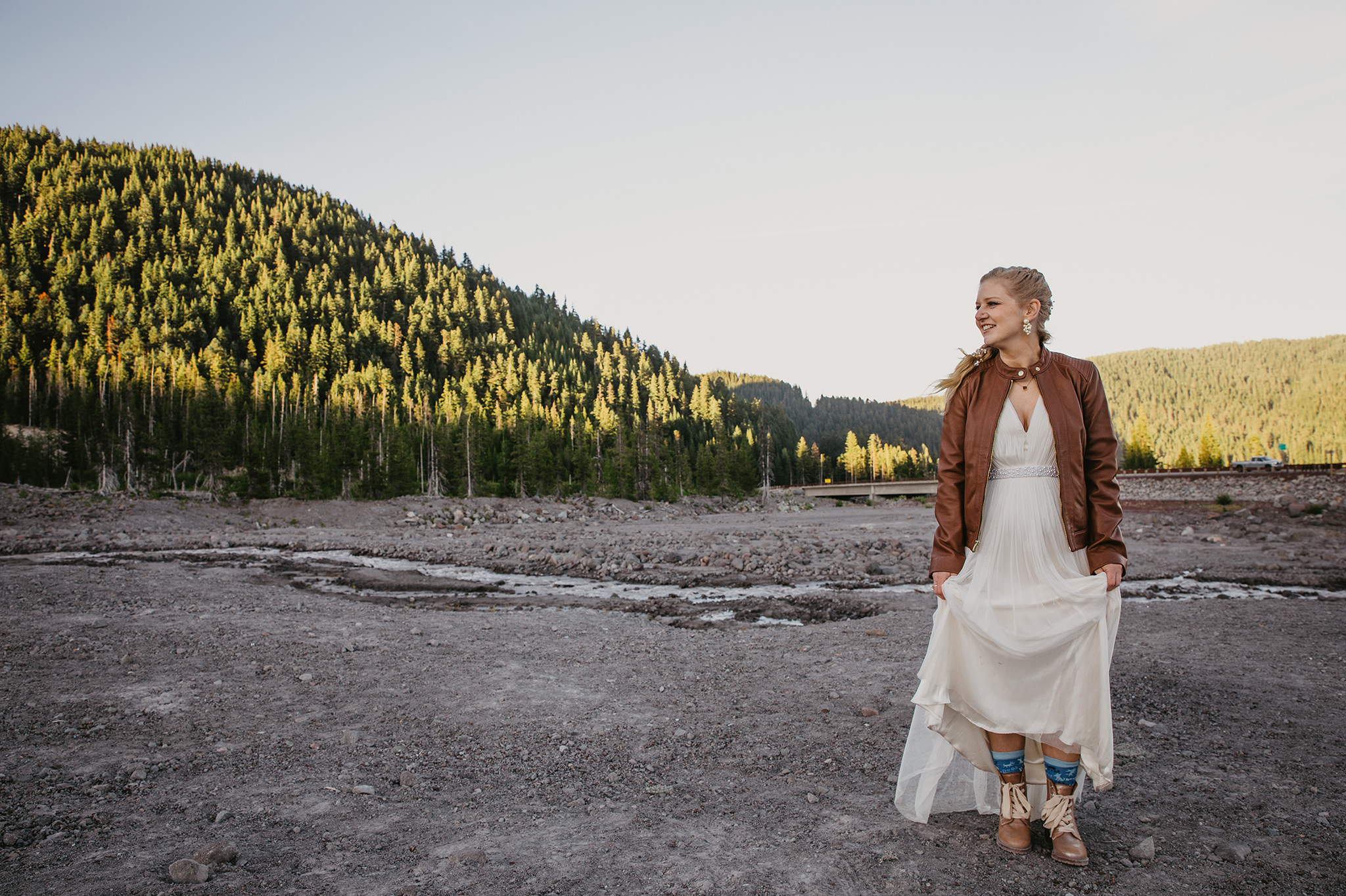 A bride wearing hiking boots on Mount Hood