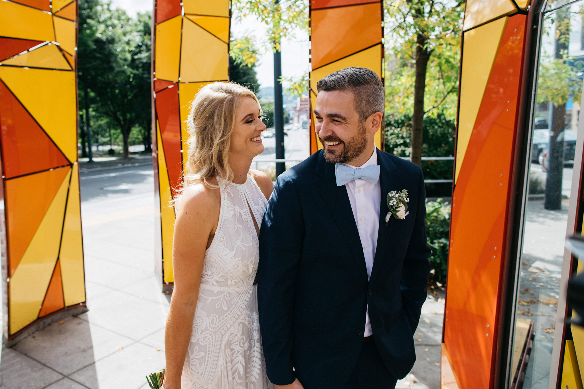 A photo of a bride and groom outside of their Leftbank Annex wedding