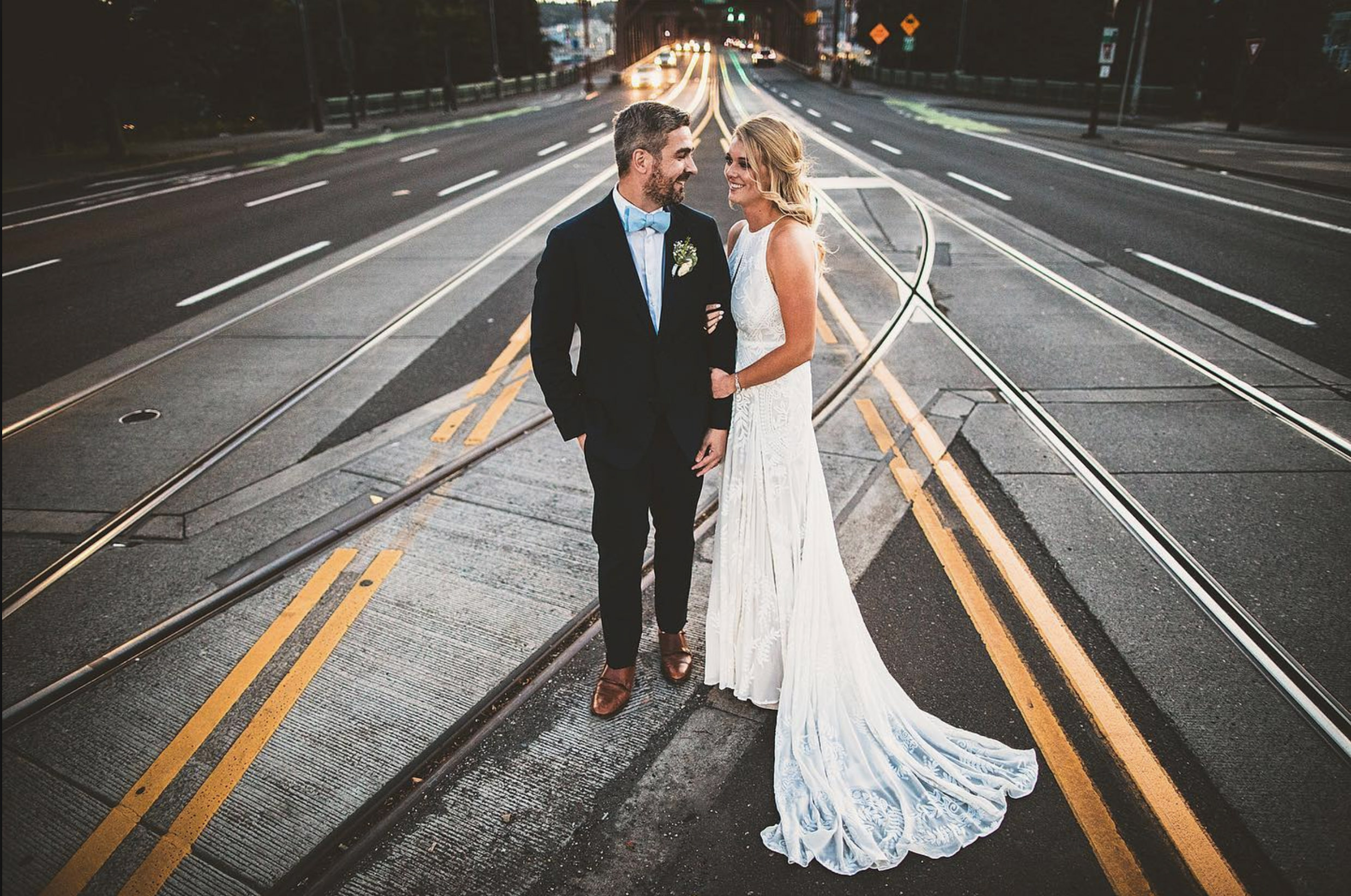 A wedding photo of a bride and groom in downtown Portland 