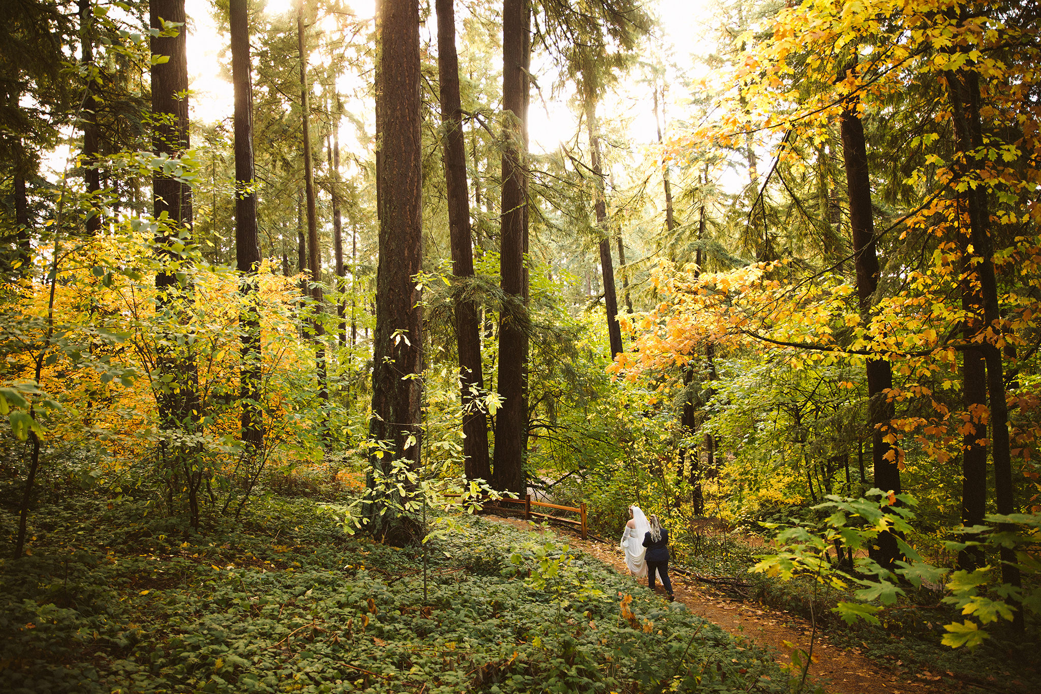Wedding photo of two brides walking in Mount Tabor surrounded by Fall foiliage 