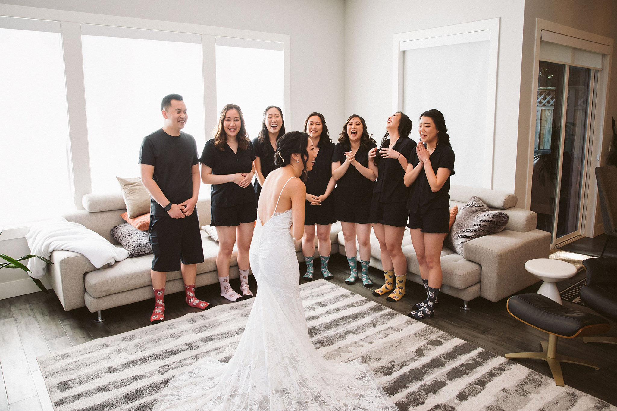 A brides first look with her bridesmaids in Portland, OR