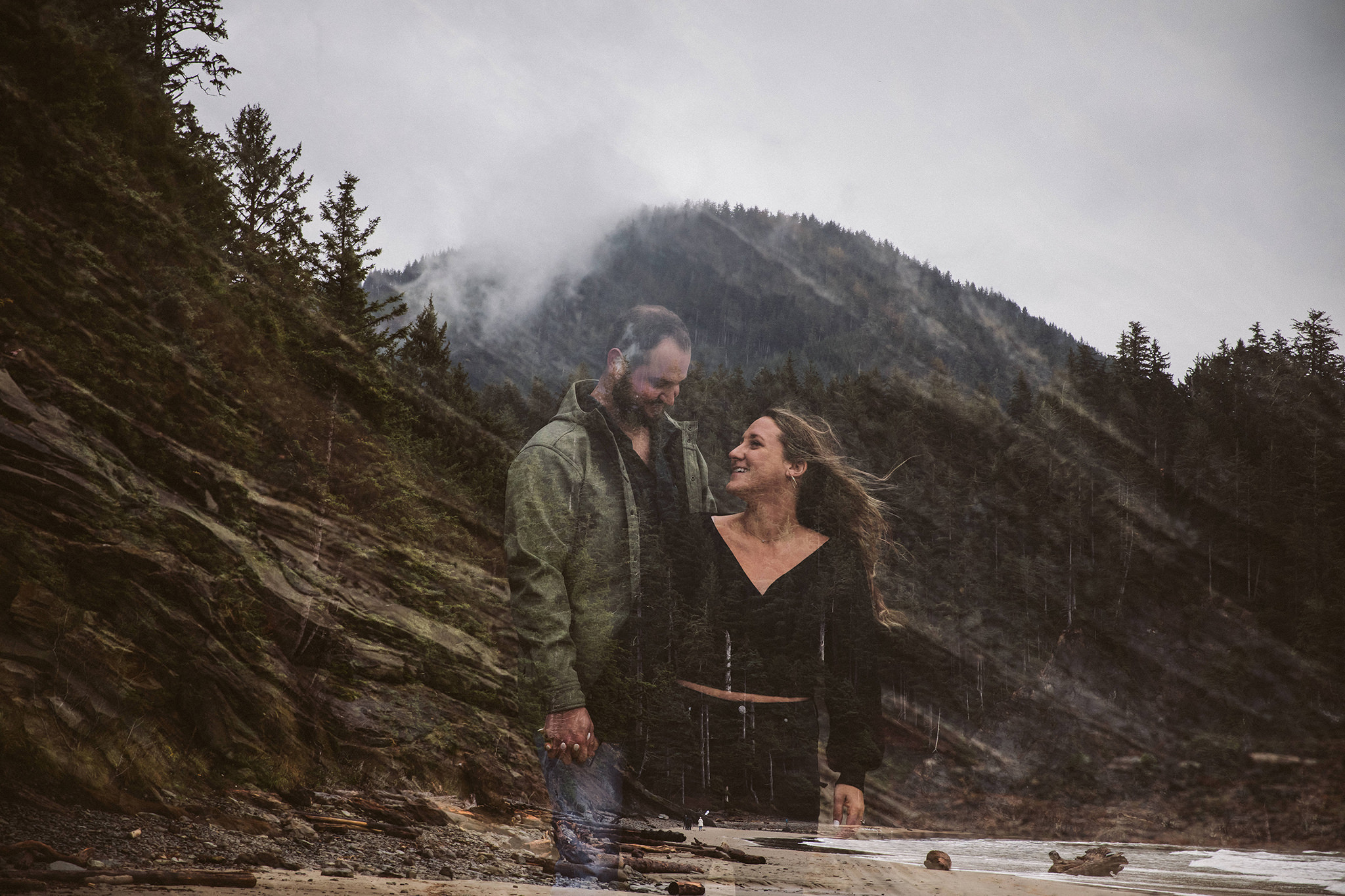 Moody double exposure engagement photo in Oregon