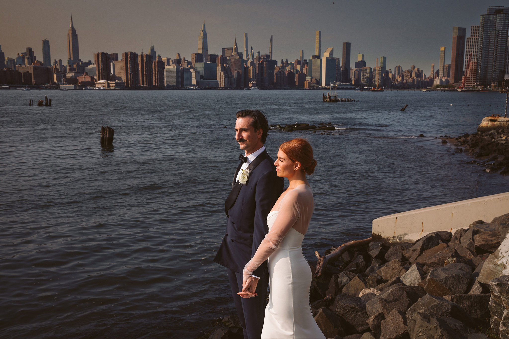 A wedding photo along the river in Brooklyn, New York