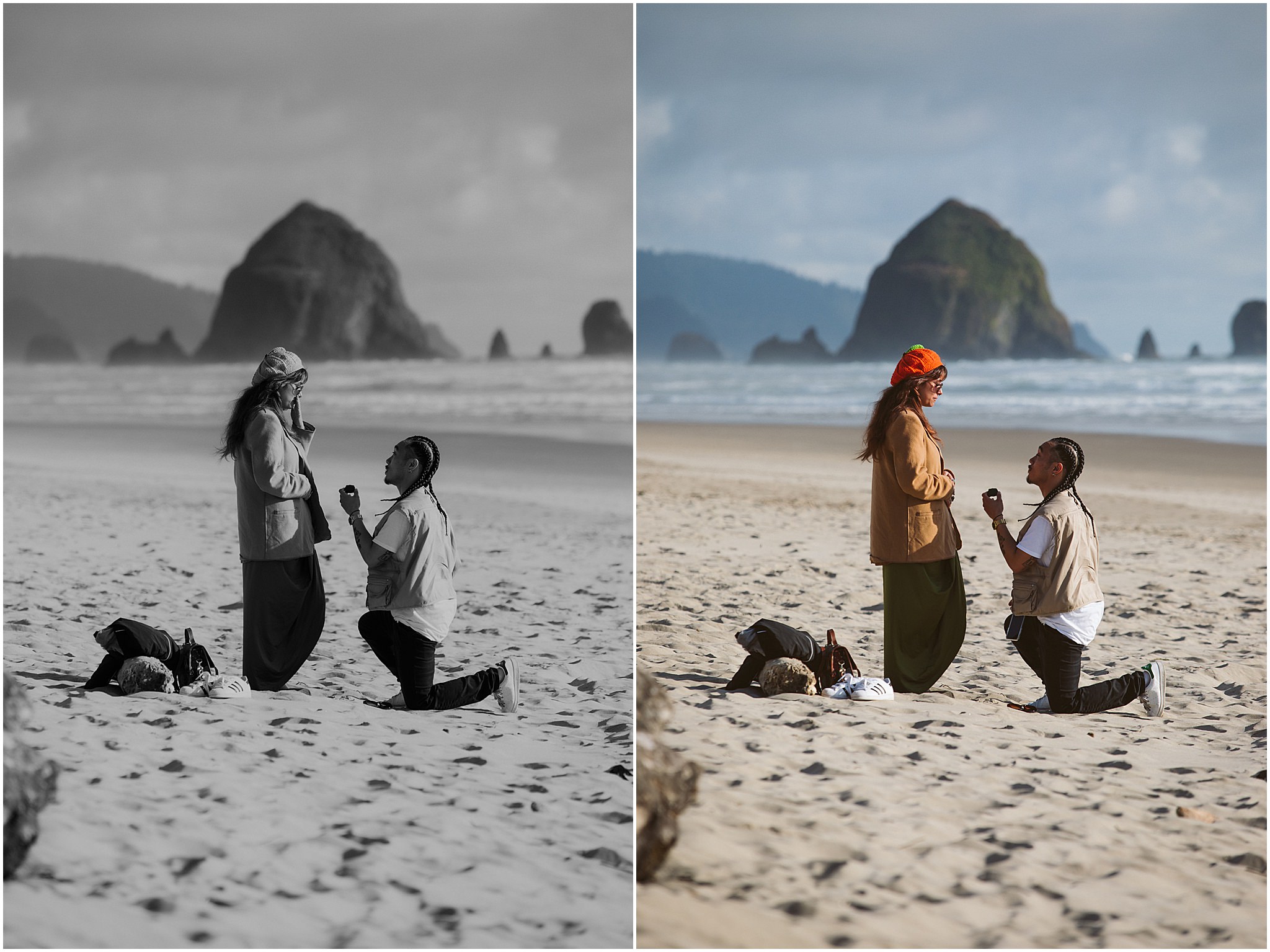 A proposal in front of Haystack Rock at Cannon Beach