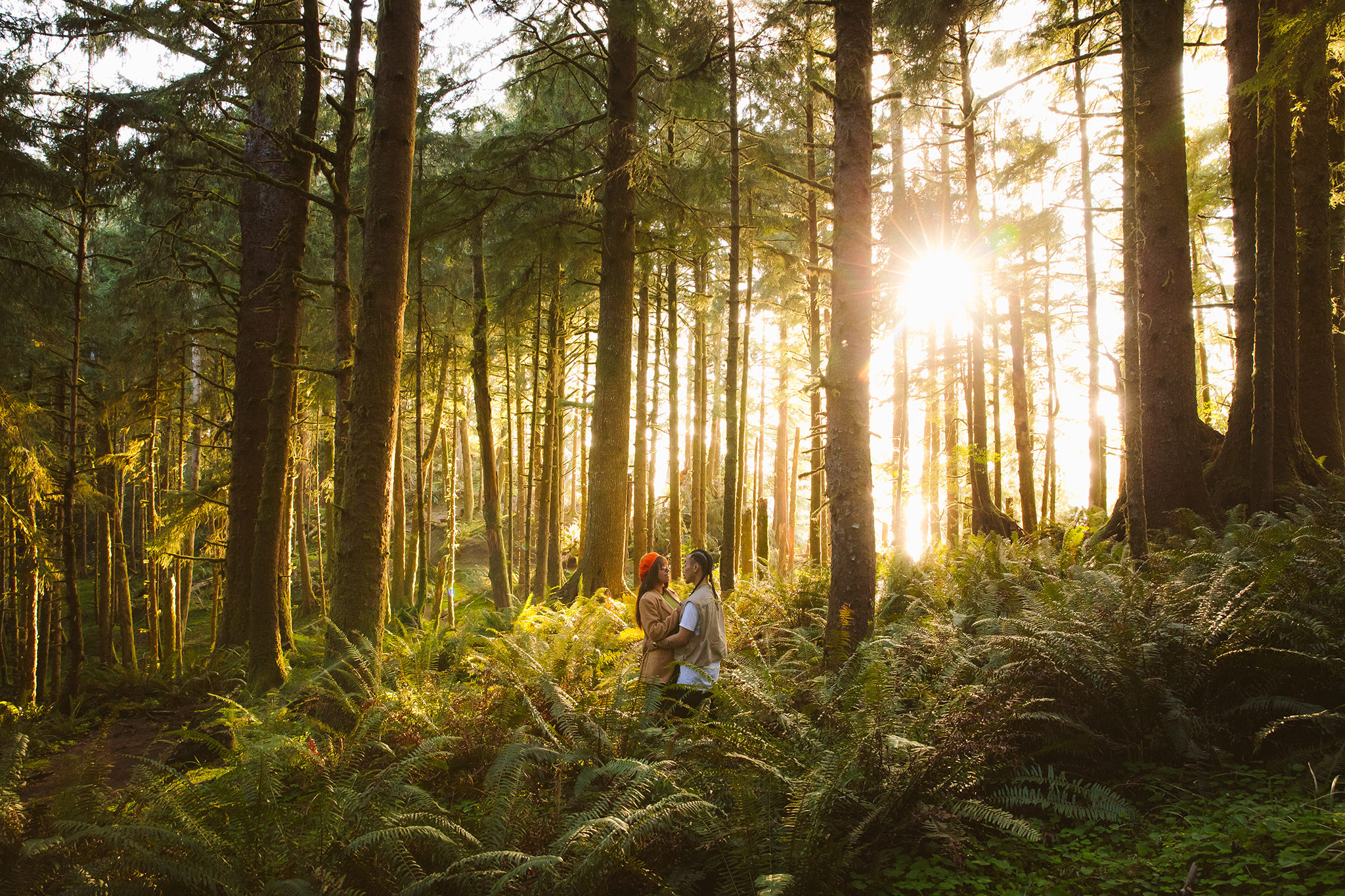 Golden hour forest engagement photo in Oregon