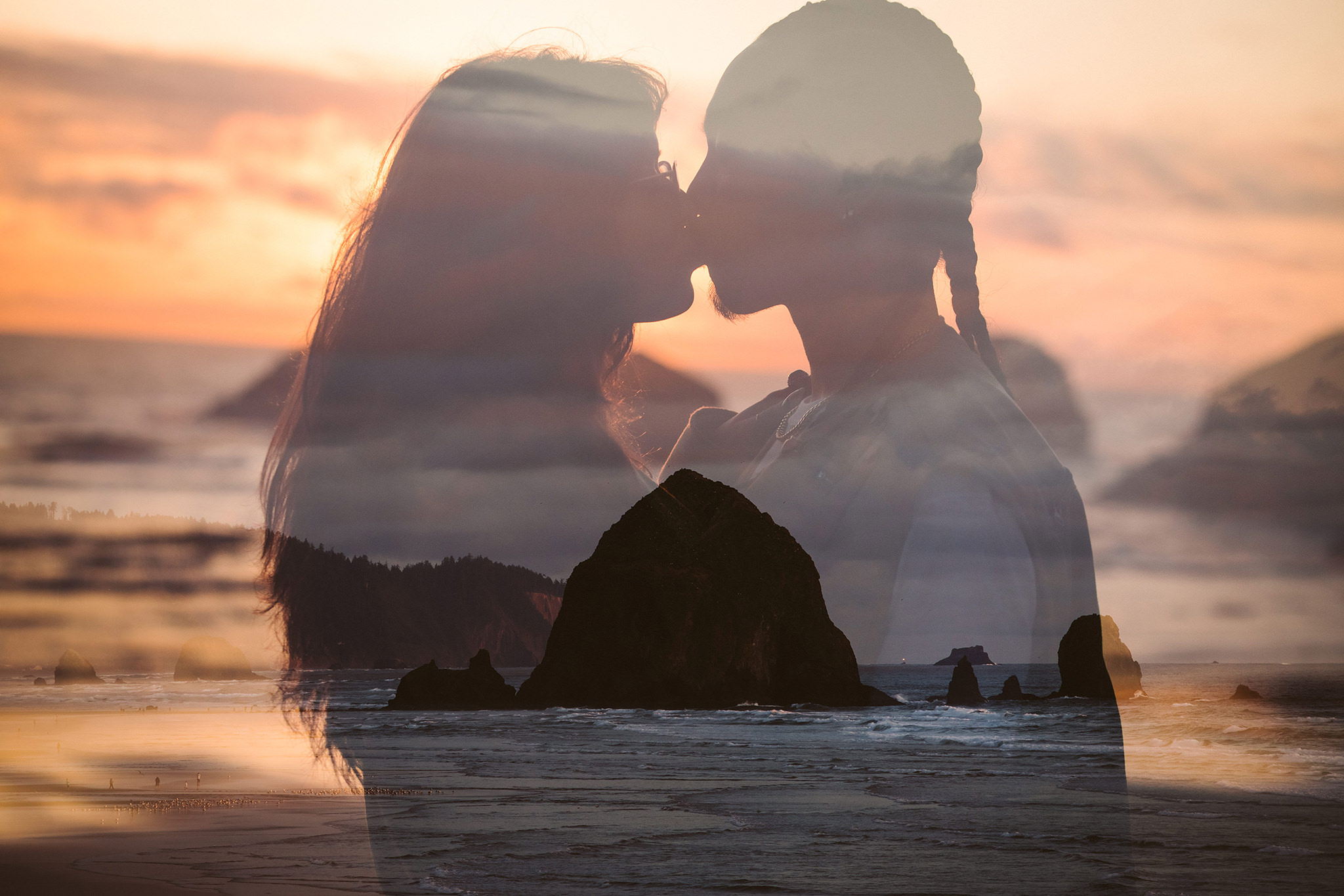 A double exposure engagement photo at Cannon Beach with Haystack Rock