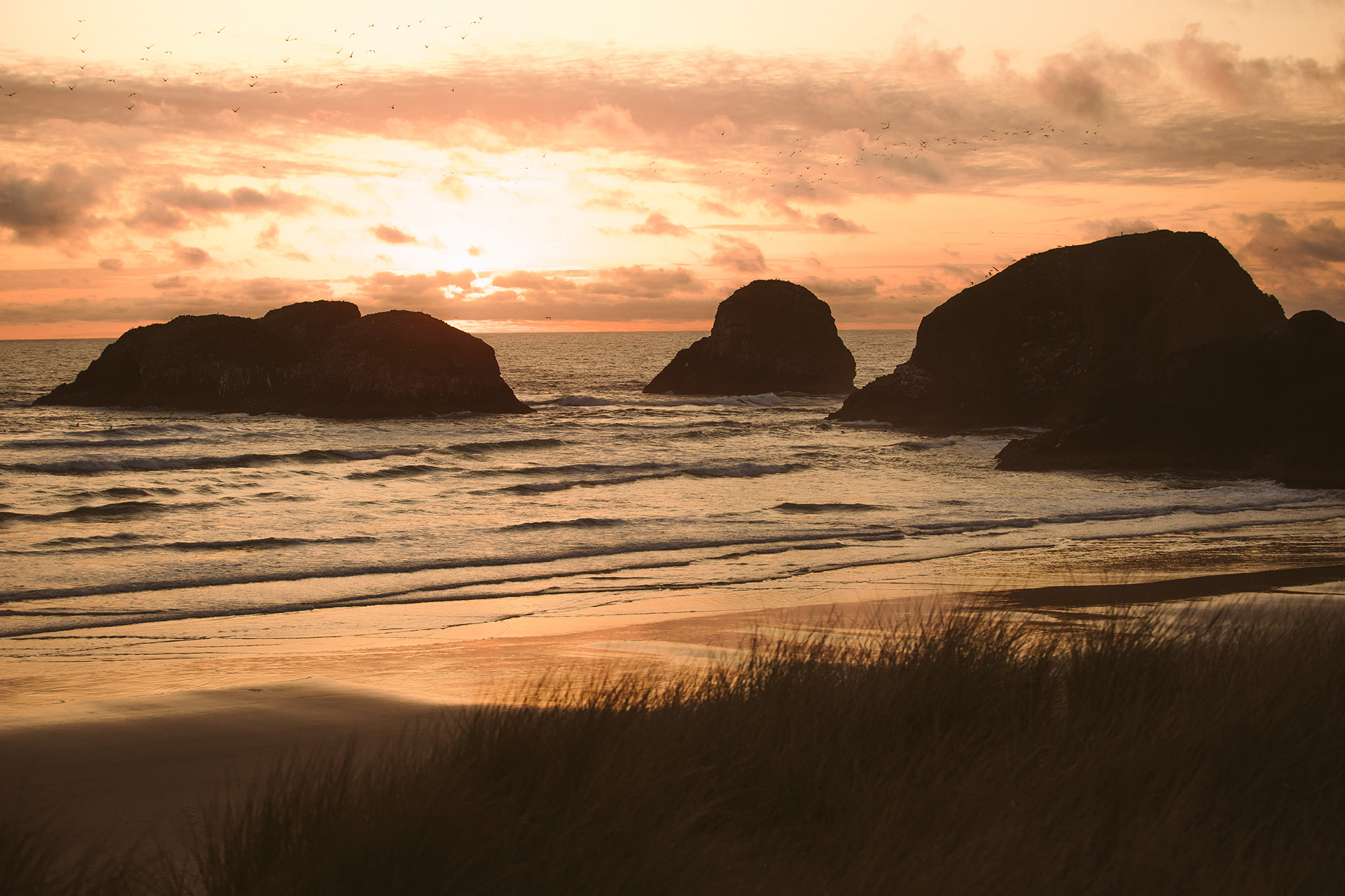 The sunset over Cannon Beach