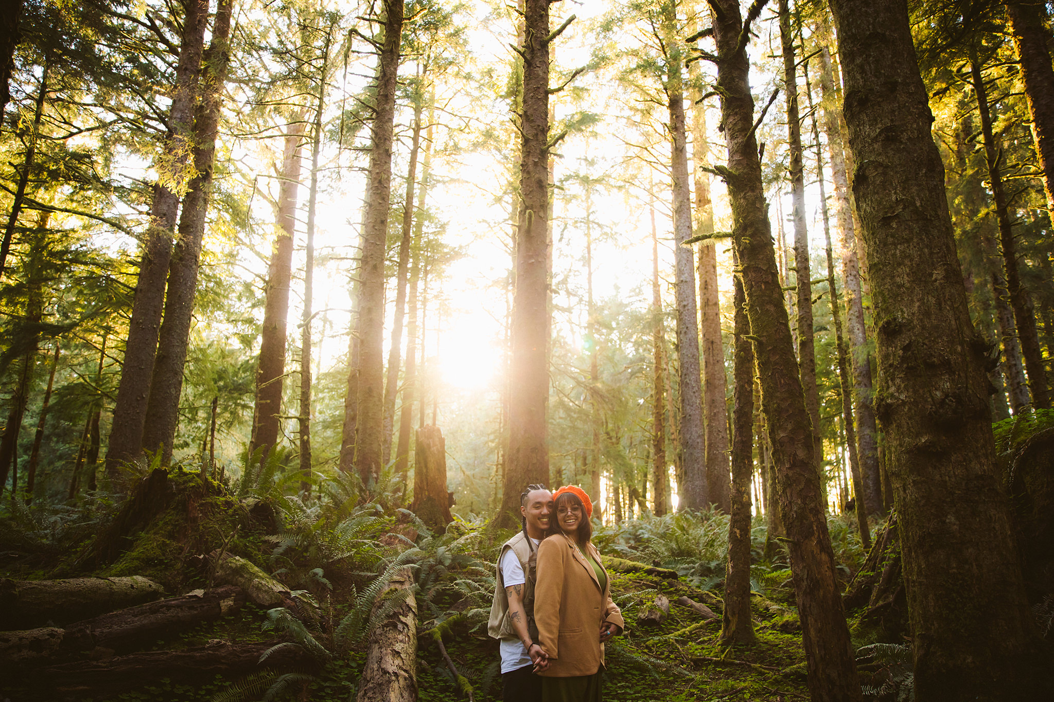 Pacific northwest engagement photo in the forest