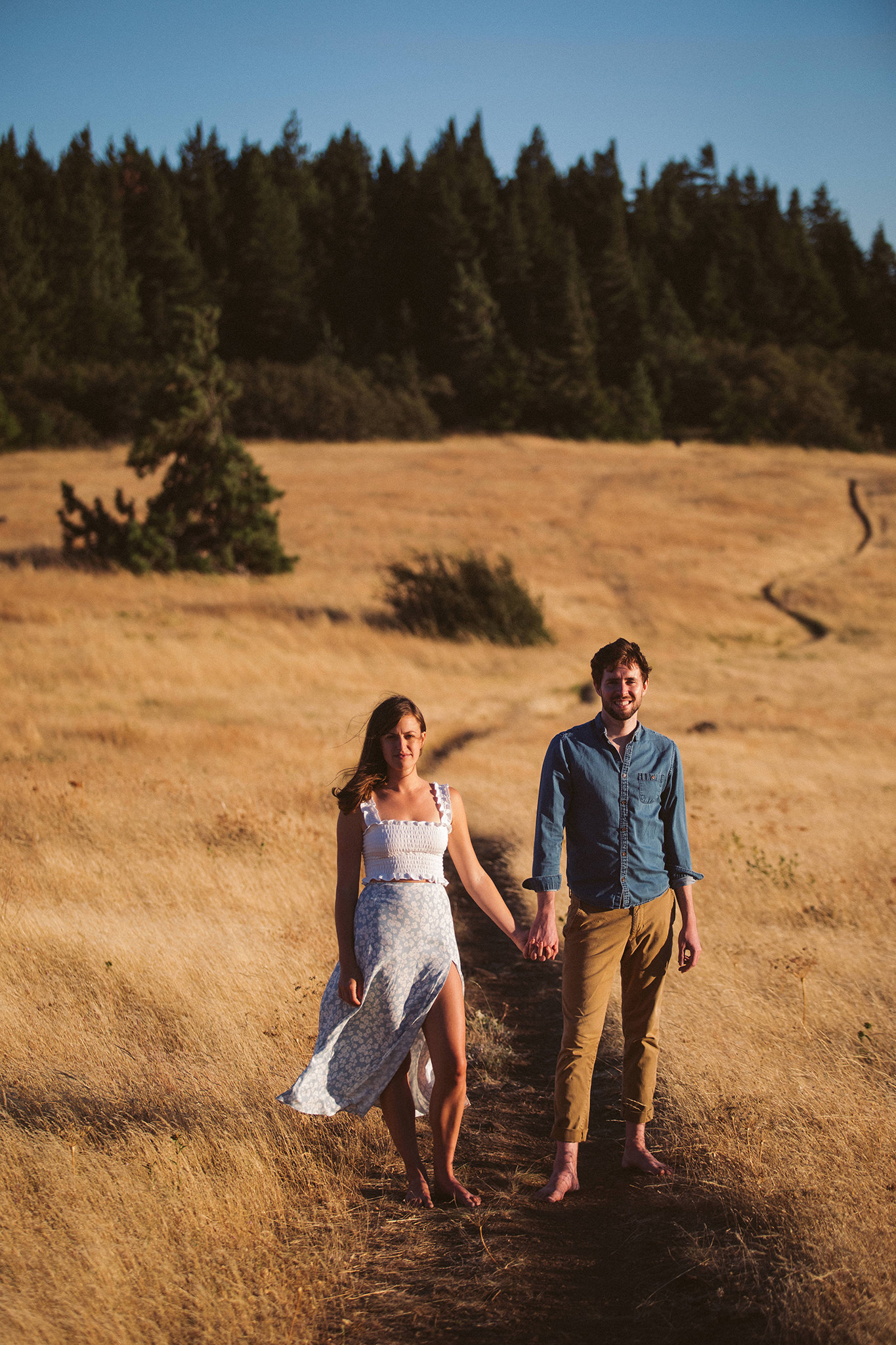 A vibrant golden hour engagement photo in Hood River