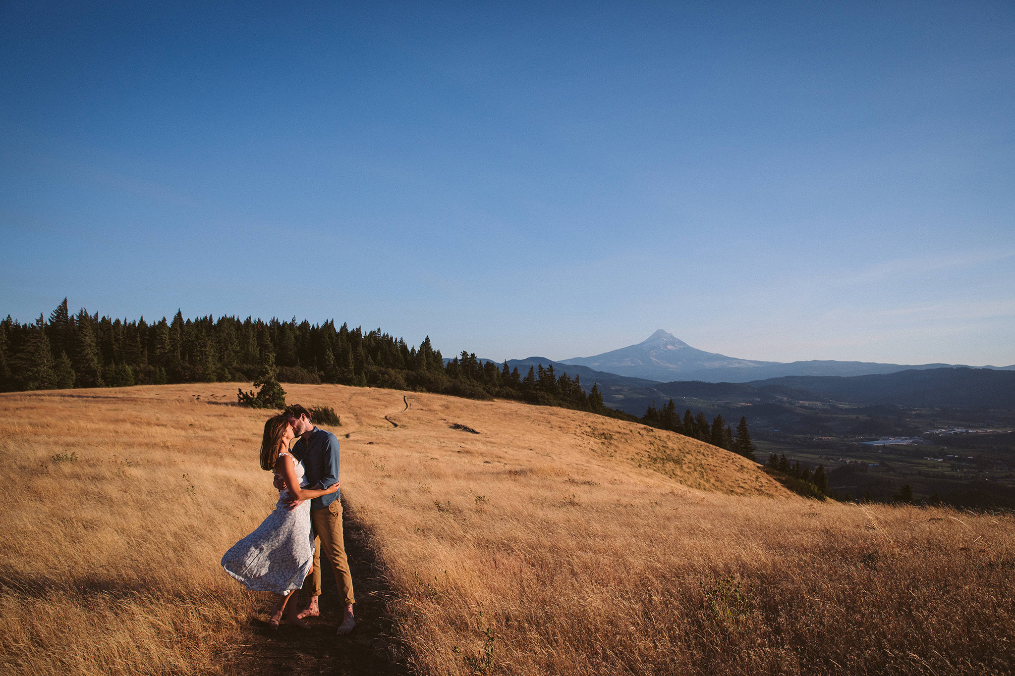 A Hood River engagement photo with Mount Hood in the background