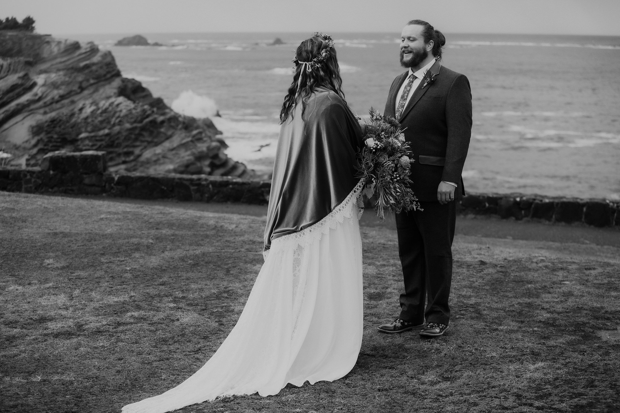 A grooms first look reaction at his southern Oregon coast elopement