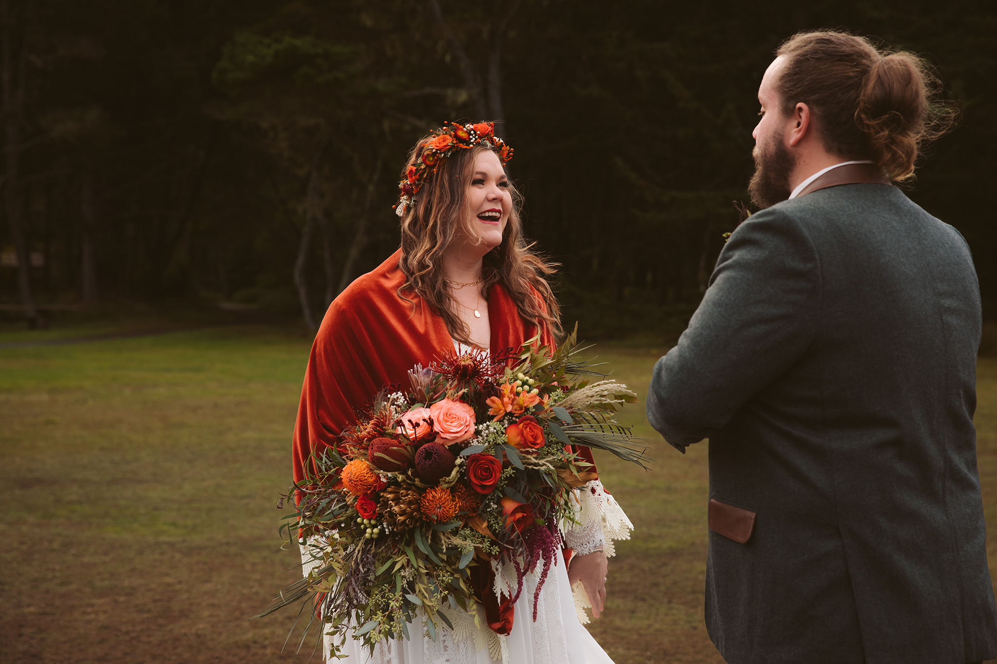 A brides first look reaction at her southern Oregon coast elopement